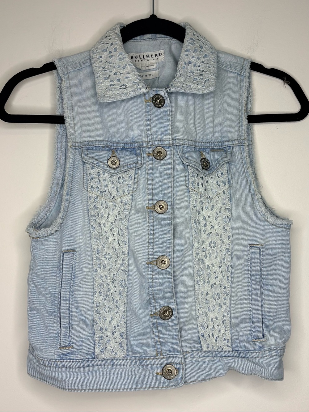 Bullhead Slim Fit Light Wash Lace-Panel Denim Vest Size Small